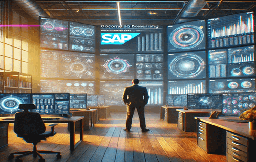 A cinematic representation of the journey to becoming an SAP Consultant. The scene includes hyper-detailed visuals of a professional workspace